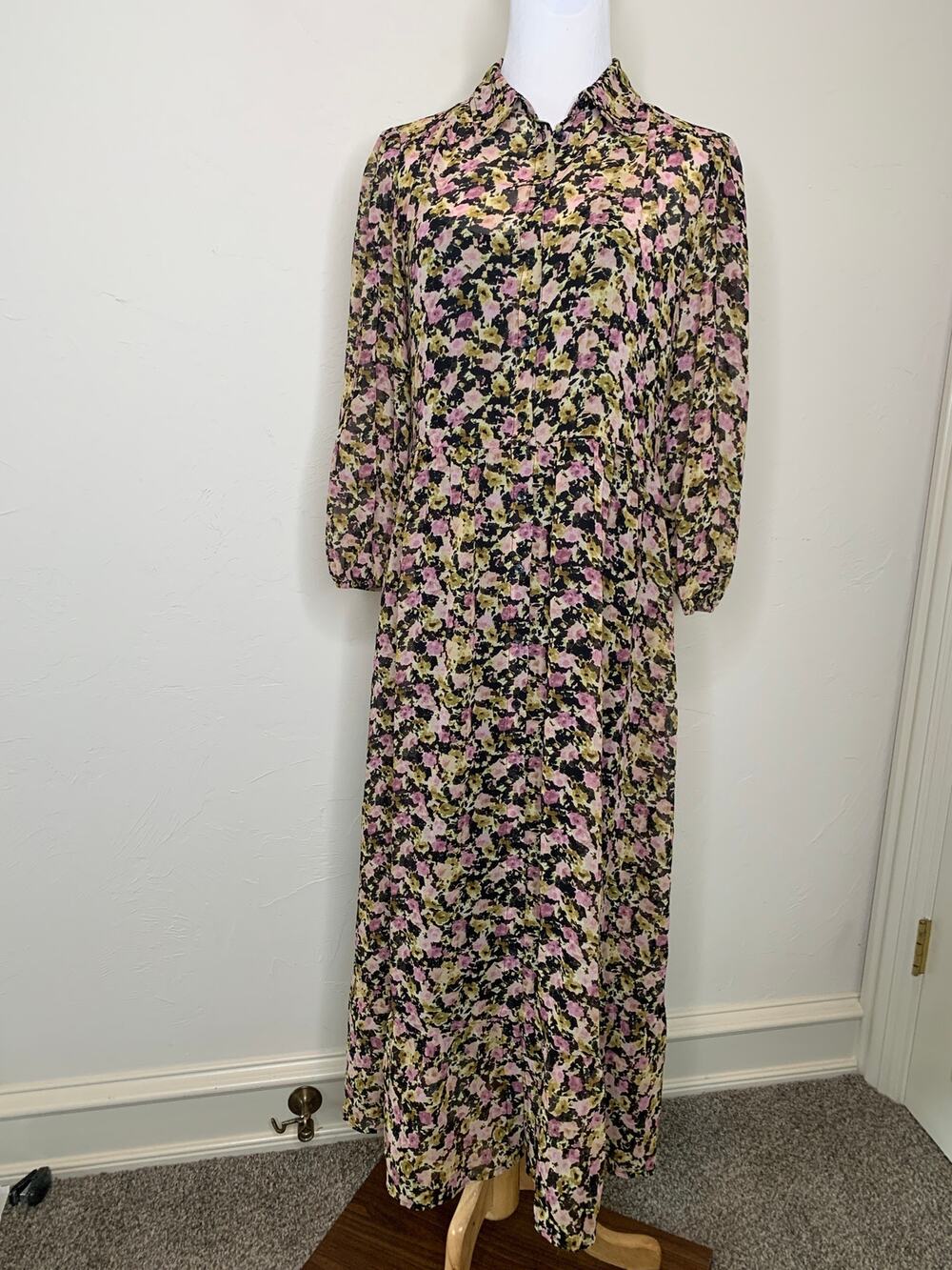 Mango Dark Floral NWT Sheer Shirt Dress Sz 4 Preppy Timeless